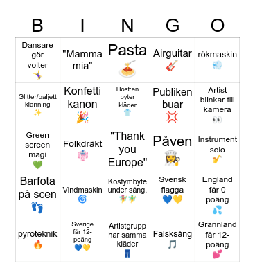 Eurovision 2022 - Svenska Bingo Card