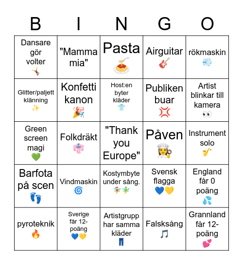 Eurovision 2022 - Svenska Bingo Card