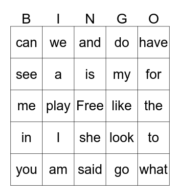 Sight Words Bingo Card