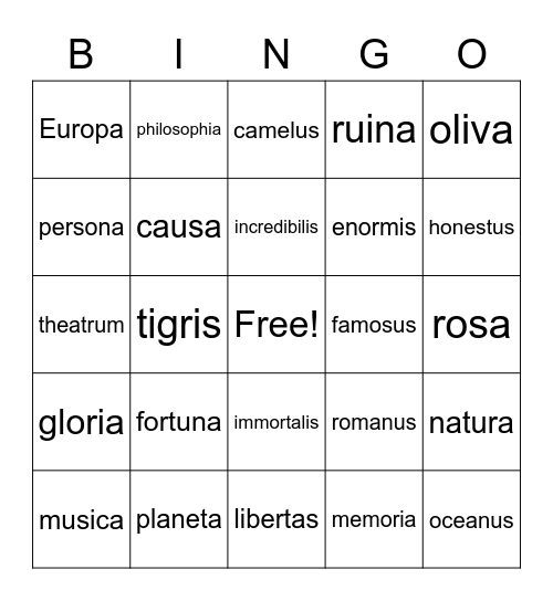 WLE Latin Cognates Bingo Card