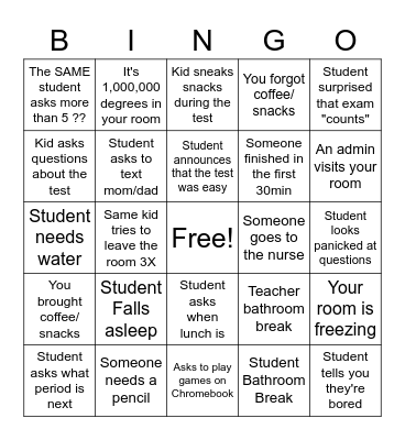 Exam Proctoring Bingo Card