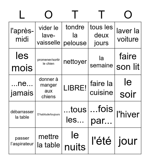 chores "les corvées" and frequency expressions Bingo Card