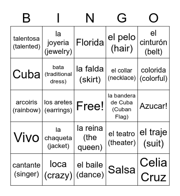 Cuba/Celia Cruz Bingo Card
