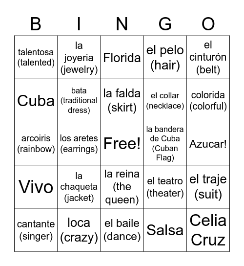 Cuba/Celia Cruz Bingo Card