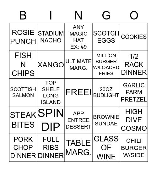 FULL MENU Bingo Card