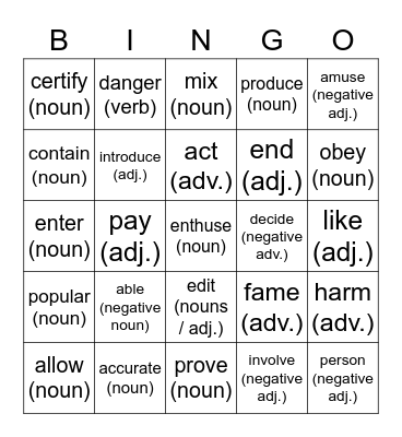 Word Formation Bingo Card