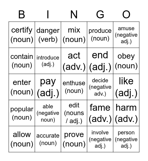 Word Formation Bingo Card