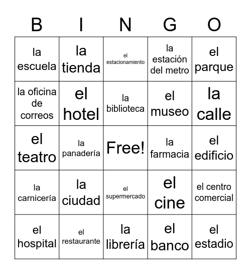 Los lugares en la ciudad Bingo Card