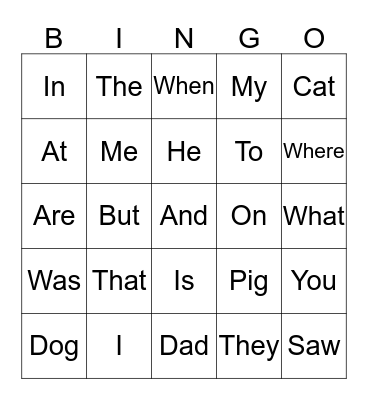 Sight Words Bingo Card