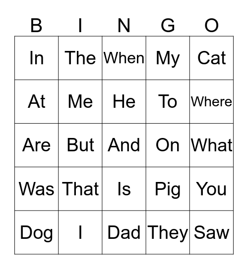 Sight Words Bingo Card