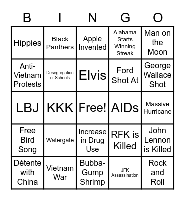 Forrest Gump Bingo Card