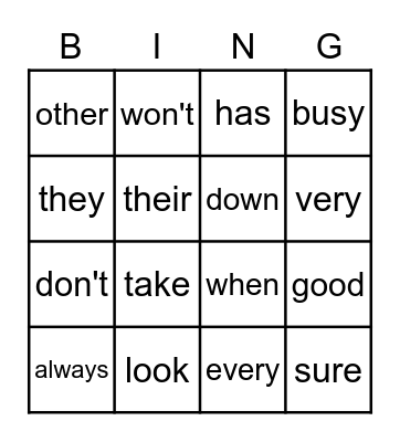 Vocabulary Review Bingo Card