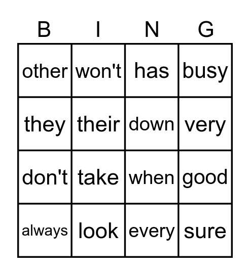 Vocabulary Review Bingo Card