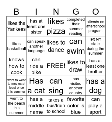 Getting to know Each Other Bingo Card