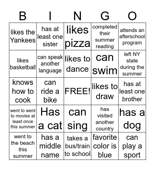 Getting to know Each Other Bingo Card