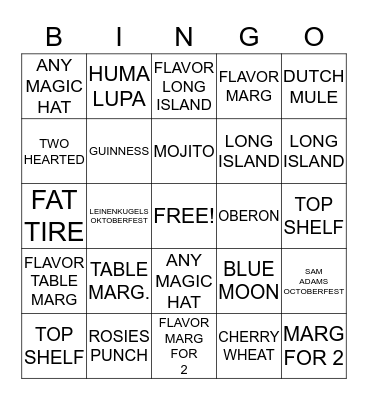 DRINKS Bingo Card
