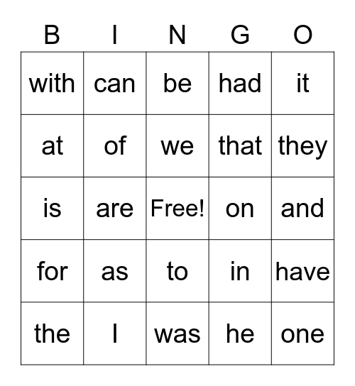 Sight Words 1 Bingo Card