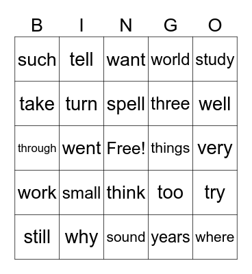 Sight Words 6.2 Bingo Card