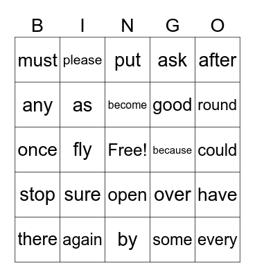 Sight Word Bingo Card