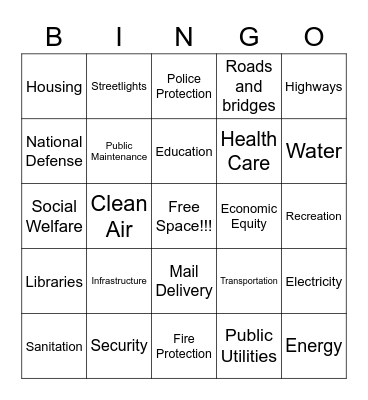 Government Provided Goods and Services Bingo Card