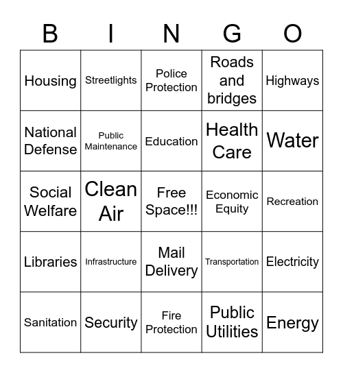 Government Provided Goods and Services Bingo Card