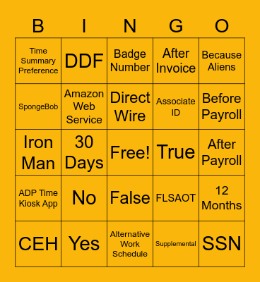 Amazon Game Show Bingo Card