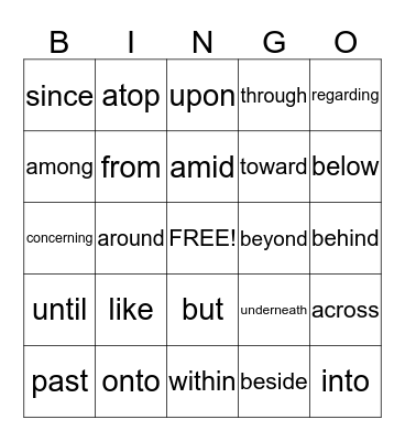 Preposition Bingo Card