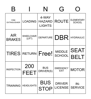 Bus Driver Bingo Card