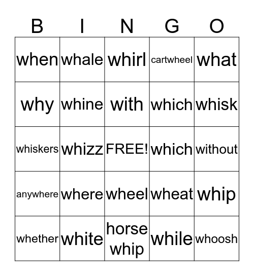 'wh' Words Bingo Card
