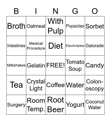FULL AND CLEAR LIQUID DIETS Bingo Card