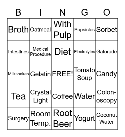 FULL AND CLEAR LIQUID DIETS Bingo Card