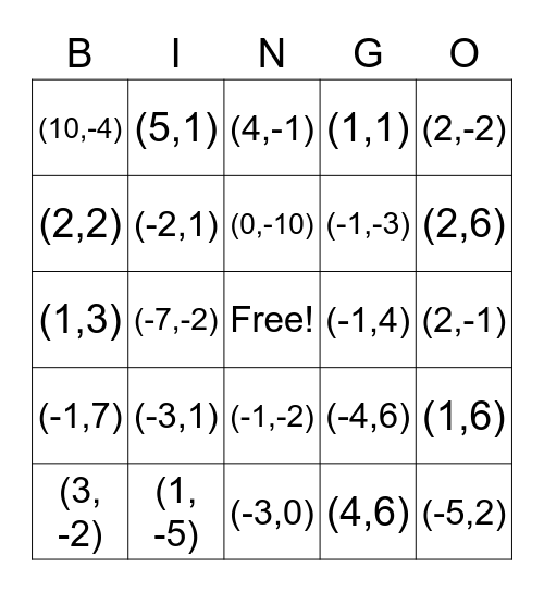 Systems of Equations Bingo Card