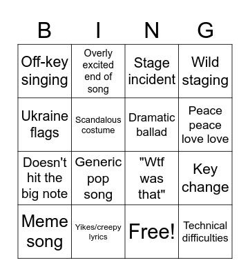 Eurovision 2022 Bingo Card