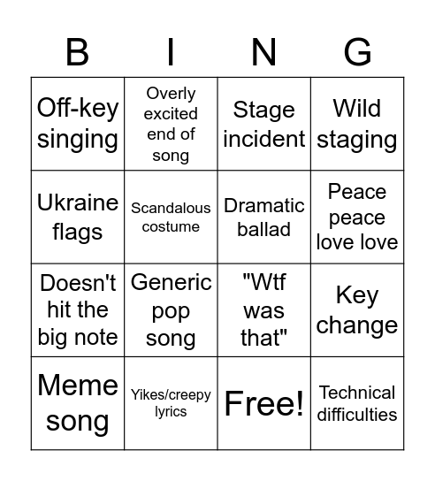 Eurovision 2022 Bingo Card