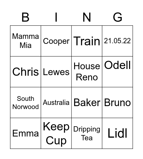 Not-organised-fun Bingo Card