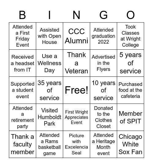 Wright Appreciates Bingo Card