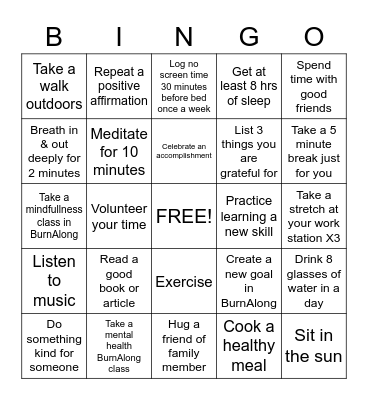 Milo's Mental Health BINGO Card