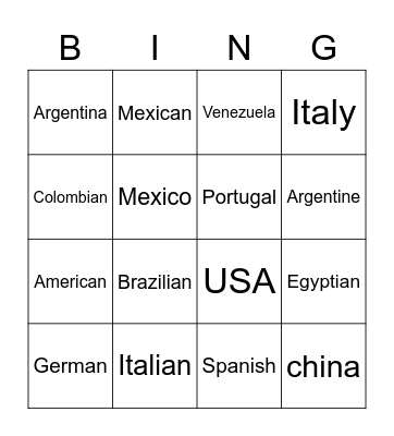 Countries and nationalities Bingo Card