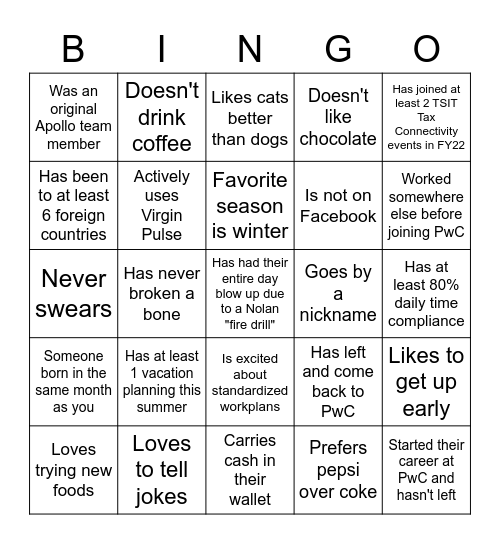 TSIT Tax Bingo Card