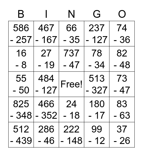 Subtraction Bingo Card