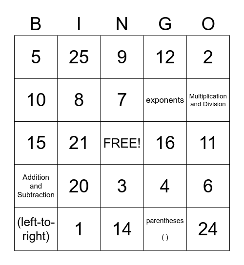 Math Bingo Card