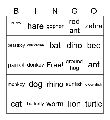 animals Bingo Card