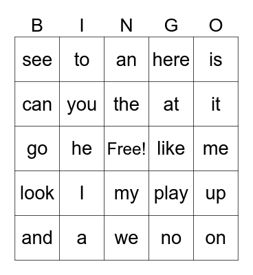 Kindergarten Sight Words 1 Bingo Card