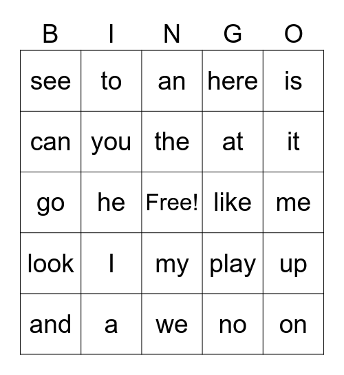 Kindergarten Sight Words 1 Bingo Card