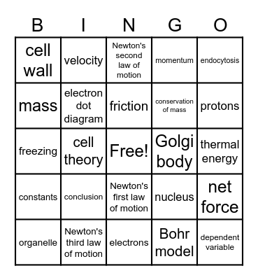 Year End Science Bingo Card