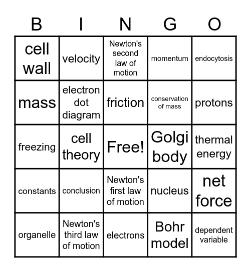 Year End Science Bingo Card