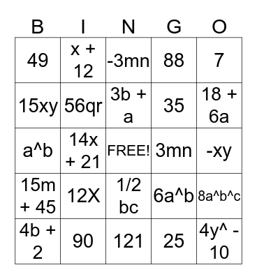 ALGEBRA BINGO!!!! Bingo Card