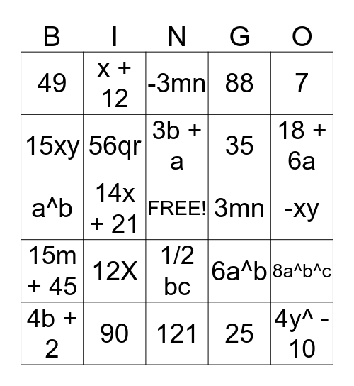ALGEBRA BINGO!!!! Bingo Card