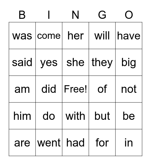 Kindergarten Sight Words 2 Bingo Card