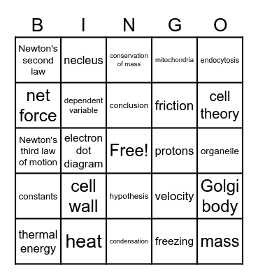 Year End Science Bingo Card